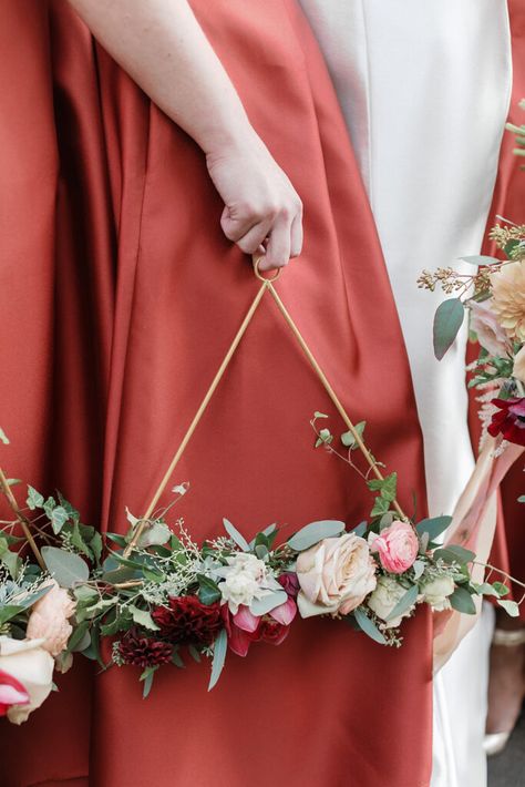 I am sharing the bouquet recipe for creating these unique triangle bridesmaid’s bouquets with fall flowers including burgundy Dahlias! I had the pleasure of creating unique wedding bouquets with gold triangle hoops for the bridesmaids at Kate’s beautiful burgundy fall wedding, inspired by her love for music. Triangle Bridesmaid Bouquet, Alternate Bridesmaid Bouquet, Unique Bridesmaid Bouquet Ideas, Unique Bridesmaids Bouquets, Ring Bouquet Bridesmaid, Alternative Bouquet Ideas, Unique Bridesmaid Bouquet, Bridal Bouquet Recipe, Bridesmade Bouquet