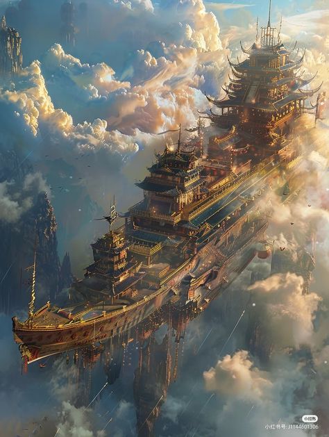 Elemental Plane Of Air, Flying City Concept Art, High Fantasy Concept Art, Magical City Art, Solarpunk City Concept Art, Sci Fi Inspiration, Magicpunk Aesthetic, Floating City Concept Art, Fantasy Architecture Concept Art