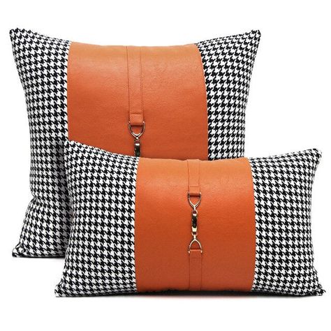 Black White Orange Houndstooth Patchwork Cushion Cover - Equestrian Co - The Opal Interior Company Houndstooth Pillows, Sewing Cushions, Modern Cushions, White Throw Pillow, Orange Home Decor, Crochet Pillow Pattern, Patchwork Cushion, White Throw, White Throw Pillows