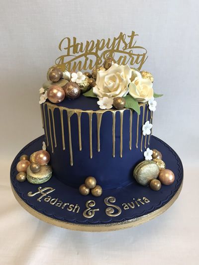 Navy Blue And Gold 50th Anniversary Cake, Blue And Gold 40th Birthday Cake, 21 Anniversary Cake, Navy Blue Cakes Birthday, Navy Blue And Gold Cake Ideas, Blue And Gold Anniversary Cake, Navy Blue And Gold Graduation Cake, Navy Blue Gold Cake, Navy Blue And Gold Cake Birthday