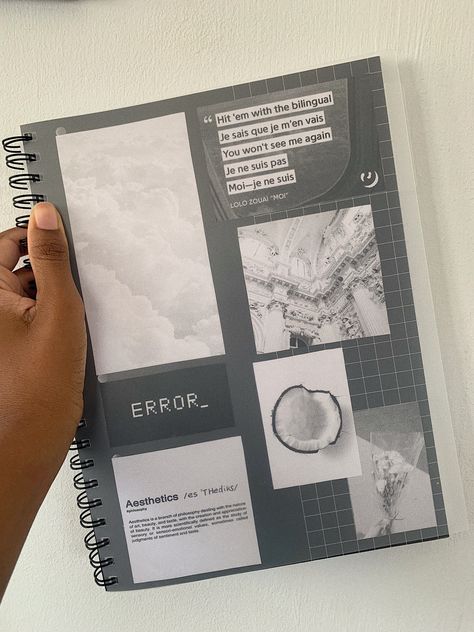 Aesthetic grey/ white/black notebook. Notebook Covers Aesthetic Diy, Folder Cover Design School Aesthetic, Arts Notebook Cover Ideas, Black Notebook Design, Notebook For School Aesthetic, Notebook Design Ideas Cover Aesthetic, Pembatas Binder Aesthetic, Binder Notebook Ideas, Aesthetic School Folder