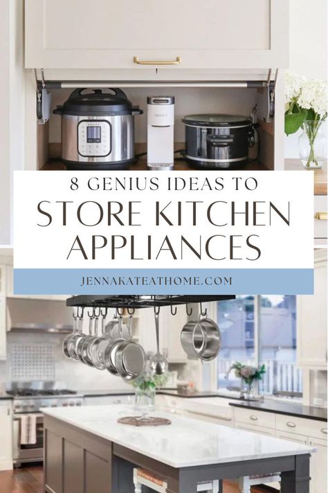 Does your kitchen feel cluttered with gadgets and small appliances? Here are 8 genius ideas to organize and store your kitchen appliances and keep them off the counter and out of your workspace. Kitchen Counter Organization Appliances, Kitchen Appliance Storage Ideas, Appliance Storage Ideas, Kitchen Appliances Organization, Small Kitchen Items, Appliance Storage, Small Kitchen Appliance Storage, Store Kitchen Appliances, Kitchen Appliance Storage