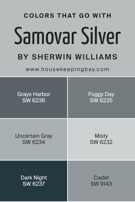 Colors that Go With Samovar Silver SW 6233 by Sherwin Williams Samovar Silver Sherwin Williams, Samovar Silver, Pairing Colors, Sherwin Williams Coordinating Colors, Trim Colors, Blue Paint Colors, Dark Night, Coordinating Colors, Blue Paint