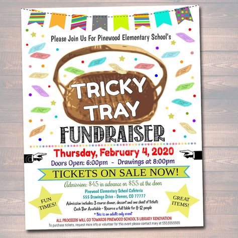 "TRICKY TRAY FLYER - PRINTABLE EDITABLE FUNDRAISER TEMPLATE *ALL TEXT IS EDITABLE SO YOU CAN CREATE THIS TO SAY WHATEVER YOU WISH - TO CUSTOMIZE FOR YOUR SCHOOL OR ORGANIZATION! Looking for a unique fundraiser event idea?! This printable TRICKY TRAY flyer template is yours to keep forever to use for countless years! A great tool for your school PTO PTA Organization, business, church, nonprofit or other organization to raise money for your cause! *Designed for Printing 8.5x11\" ABOUT TEMPLETT FIL Pta Organization, School Fundraising Events, Easy Fundraising, Tricky Tray, Fundraising Games, Auction Event, Unique Fundraisers, Pta Fundraising, Fun Fundraisers