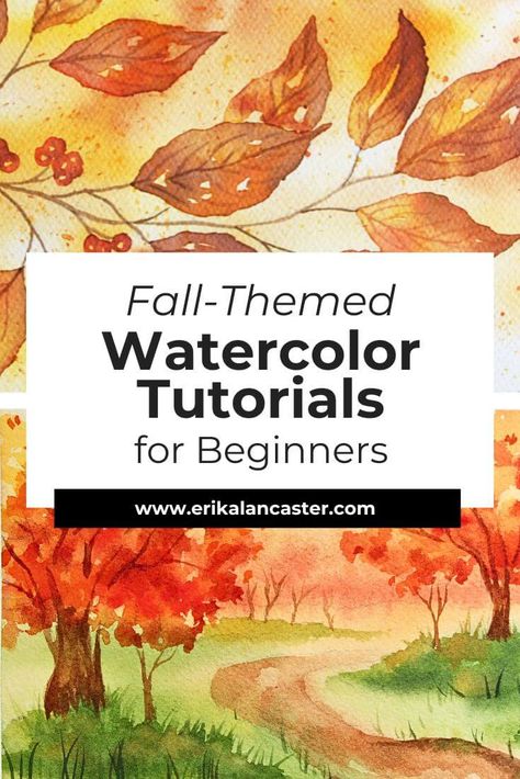 Best Fall Watercolor Tutorials - Erika Lancaster- Artist + Online Art Teacher Fall Watercolor Inspiration, Fall Watercolor Ideas For Beginners, Fall Watercolor Tutorial, Watercolor Painting Techniques Tutorials, Watercolor Tutorials For Beginners, Watercolor Landscape Paintings Tutorials, How To Watercolor Beginners, Watercolor Markers Tutorials, Watercolor Practice Exercises