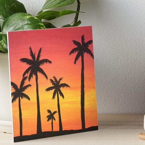 Professionally printed on firm, textured mat boards perfect for desks and shelves. Supplied with 3M velcro dots to easily affix to walls. Available in standard sizes. Hand painted sunset with palm tree silhouette Art Of Sunset, Sunset And Palm Trees Painting, Sunset Texture Painting, Palm Tree Silhouette Sunset, Simple Palm Tree Painting, Canvas Painting Silhouette, Palm Tree Silhouette Painting, Easy Acrylic Painting Ideas Sunset, Sip Paint Ideas