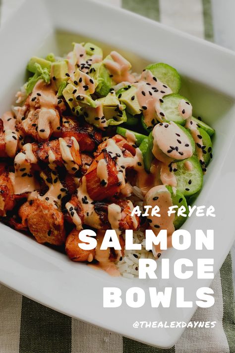 Salmon Air Fryer Bowl, Salmon Cucumber Avocado Bowl, Air Fryer Salmon Bowl With Spicy Mayo, Salmon Bowls Healthy Easy Airfryer, Spicy Salmon Recipes Air Fryer, Salmon Bowl With Spicy Mayo, Salmon Jasmine Rice Bowl, Spicy Salmon Bowl Air Fryer, Salmon Bowl Dinner Ideas