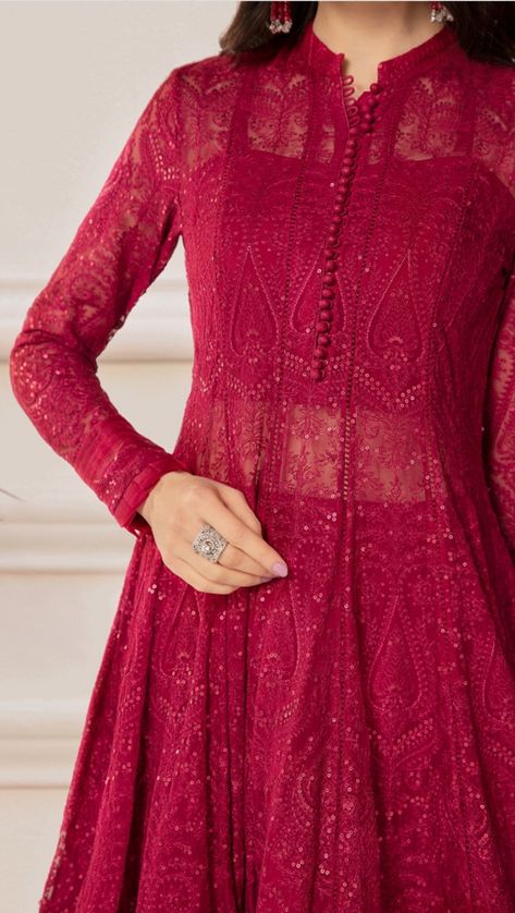 Anarkali Dress Nack Design, Anarkali Salwar Designs, Chikankari Dress Patterns, Kurta Design Women, Akanksha Core, Chikenkari Dress Ideas Kurti, Red Anarkali Suits Wedding, Red Chikankari Anarkali, Chikenkari Dress Ideas