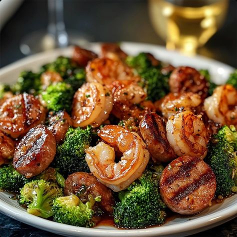 Honey Garlic Shrimp, Sausage, and Broccoli Honey Shrimp Sausage And Broccoli, Shrimp And Sausage Stir Fry, Shrimp Broccoli Sausage, Honey Garlic Shrimp And Sausage, Honey Garlic Sausage Recipes For Dinner, Sausage Shrimp Broccoli Recipes, Shrimp Sausage Broccoli, Broccoli And Sausage Recipes, Shrimp And Smoked Sausage Recipes