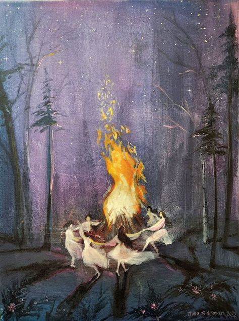 Witches Dancing Around Fire Painting, Dancing Witches Art, Summer Solstice Painting, Dancing In A Forest, Kupala Night Aesthetic, Witch Painting Aesthetic, Dancing In Forest Aesthetic, Witch Painting Acrylic, Summer Solstice Aesthetic Art