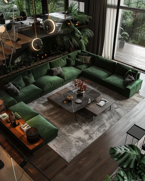 67 Modern Green Living Room Design and Decor Ideas for Inspiration – CreativeBooster Home Green Aesthetic, Green Couch Dark Floor, Dark Green Gold Living Room, Rooms With Emerald Green Sofa, Green Living Room Couch Ideas, Emerald Green Home Decor Living Rooms, Black Green Home Decor, Green House Living Room, Phthalo Green Living Room