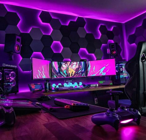 Custom build Hexagon light panels with added cololight light panels. Change the look of your room at any time. Save this for future reference. #rgbtherapy Aesthetic Gaming Room, Deco Gamer, Games Room Inspiration, Pc Gaming Desk, Aesthetic Gaming, Gaming Desk Setup, Game Setup, Best Gaming Setup, Computer Gaming Room