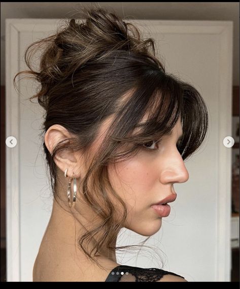 Occasional Hairstyles For Long Hair, Hair Bun With Fringe, High Bun Bangs, Prom Hair Bangs Updo, Prom Updos With Curtain Bangs, Sleek Prom Hair Updo, Prom Hairstyles For Medium Length Hair With Bangs, Hoco Hairstyles Bun, Wedding Hair With Bangs Updo