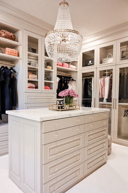 Briar Forest - Master Closet - Traditional - Closet - Houston - by Edwards Interiors & Design, LLC | Houzz Her Master Closet Design, Master Closet Entry From Bedroom, Master Closet Dressing Room, Custom Closets With Island, Womens Master Closet, Master Closet Island Ideas, Walk In Master Closet With Island, Closet Designs With Vanity, Large Master Closet With Island