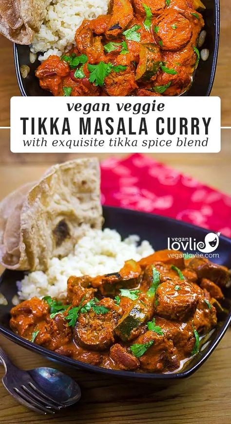 Vegan Tikka Masala Curry with Eggplant, Red Kidney Beans and Zucchini Curry With Eggplant, Curry Eggplant, Vegan Tikka Masala, Tikka Masala Sauce, Vegan Eggplant, Eggplant Zucchini, Masala Sauce, Herb Roasted Potatoes, Red Kidney Beans