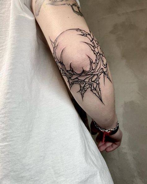 Elbow Dragon Tattoo, Neo Tribalism Tattoo Hand, Dark Elbow Tattoo, Gothic Elbow Tattoo, Neo Tribalism Tattoo Design, Men Cybersigilism Tattoo, Front Of Forearm Tattoo, Gothic Tribalism Tattoo, Neo Sigilism Tattoo