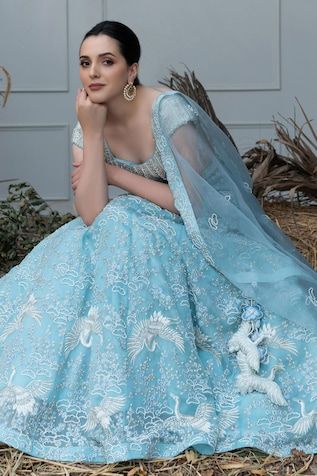 Organza Hand Embroidered Lehenga Set Ice Blue Lehenga, Varun Chakkilam, Light Blue Lehenga, Embroidered Bridal Lehenga, Blue Organza, Blue Lehenga, Embroidered Lehenga, Muslimah Fashion Outfits, Organza Dupatta