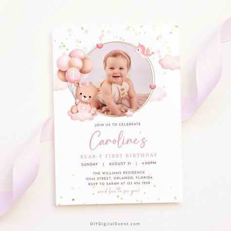 Calling All Kids: Birthday Party Invitation Boho Bear Birthday Theme, Baby 1st Birthday Invitation Card, 1st Bday Invitation Cards, 1st Birthday Invitation Card Ideas, First Birthday Girl Invitations, Beary First Birthday Girl, Beary 1st Birthday, First Birthday Invitation Cards, 1st Birthday Invitation Template