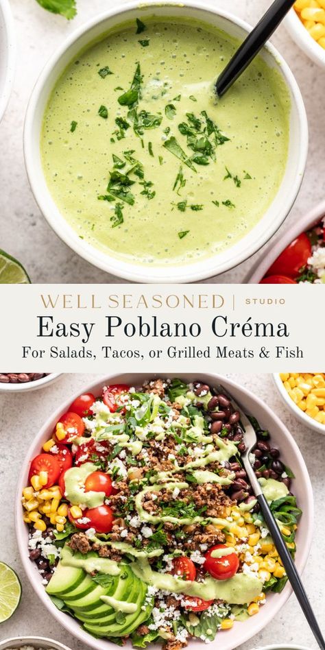 My homemade Poblano Crema is a delicious blend of smoky, creamy goodness that adds a burst of flavor to any dish. Whether you're dolloping it on tacos, drizzling it over enchiladas, or using it as a dip for chips, this Poblano Crema is sure to elevate any TexMex meal. #wellseasonedstudio #poblanocrema #mexicancrema #poblanocreamsauce Poblano Crema, Dip For Chips, Poblano Sauce, Crema Recipe, Creamy Salad Dressing, Ground Beef Tacos, Soup Dinner, Stuffed Poblano Peppers, Lunch Salads