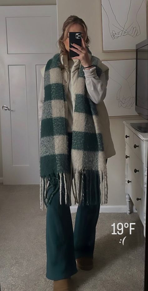 Green, minimalist, winter outfit, checkered scarf, puffer vest cold weather l, ugg boots mini ugg outfit mini uggs Green Plaid Scarf Outfit, Emerald Green Scarf, Checkered Scarf Outfit, Flare Pants Outfit Winter, Green Flare Pants Outfit, Brown Scarf Outfit, Green Scarf Outfit, Plaid Scarf Outfit, Cream Puffer Vest