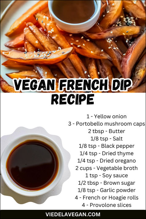 Vegan French Dip Recipe Vegan French Dip, Savory Plant, French Dip Recipe, Vegan Dip Recipes, Jus Recipe, French Dip Recipes, Au Jus Recipe, Vegan French, French Dip Sandwich