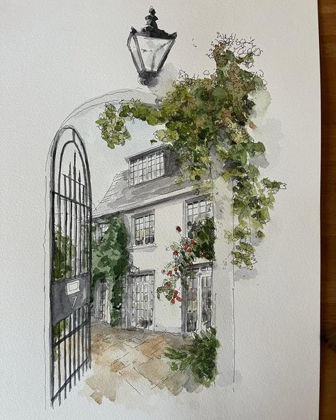 Gates. Funny things gates, often designed to keep you out but can be very beautiful. Indeed traditional architecture excelled at using wrought iron to add detail and decoration to something quite functional. Here are just a few London gates I have painted from the grand to the domestic. #london #londonist #londonlife #londonart #londonarchitecture #watercolours #watercolorart Watercolor House Painting, Mews House, Watercolor Architecture, House London, Watercolor Subjects, Art & Craft Paint, Colouring Pics, Architecture Drawing Art, Architecture Poster