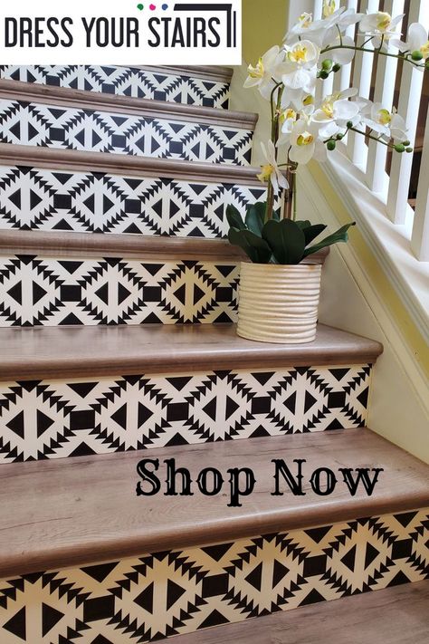 We design, print, and cut-to-order removable peel-and-stick riser wallpaper strips that will give any staircase a new fashionable look. Wallpaper For Stairs, Wallpaper Strips, Wallpaper Stairs, Front Porch Steps, Stair Riser Decals, Stair Riser, Cheap Vinyl, Porch Steps, Take The Stairs