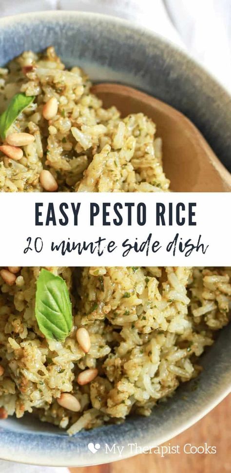 The easiest pesto rice ever! This DELICIOUS vegetarian and gluten free side dish uses homemade or store-bought pesto for a quick and easy way to jazz up plain white rice. This side dish is done in 30 minutes or less, the perfect amount of time for quick pan seared chicken and broiled veggies for a fast gluten free dinner! Pesto Rice Recipes, Pesto Fish, Easy Basil Pesto, Gluten Free Side Dish, Vegetarian Rice Dishes, Pesto Rice, Gluten Free Side, Summer Side Dishes Recipes, Dairy Free Pesto