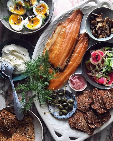 Scallion Salad, Pickled Shallots, Sautéed Mushrooms, Watermelon Radish, Smoked Trout, Smoked Fish, Soft Boiled Eggs, Healthy Fish, Food Platters