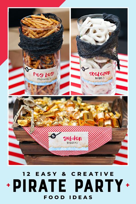 pirate party inspired food with clever names - peg leg pretzels, cannon ball donut holes, etc. Snacks For Pirate Party, Pirate Birthday Party Snacks, Pirate Dessert Ideas, Treasure Hunt Party Food, Pirate Desert Ideas, Pirates Food Ideas, Pirate Theme 3rd Birthday, Treasure Theme Party, Pirate Appetizers Party Snacks