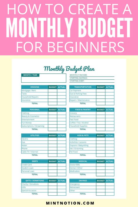 How to create a budget for beginners. Follow these 6 easy steps to help you build a successful monthly budget. No matter what your income level, you need a budget. This can help you save more money, pay off debt faster, and reach your goals. Includes a free printable debt payoff goal worksheet. Monthly budget template. Monthly Expenses List Budget Templates, How To Do A Monthly Budget, Budgets For Beginners Printables, Household Budget Template Free Printable, How To Plan A Budget, Creating A Budget Free Printables, Create A Budget For Beginners, How To Create A Monthly Budget, Beginner Budget Template