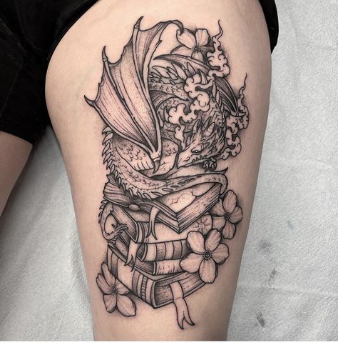 Book Wyrm Tattoo, Book Knee Tattoo, Dragon Hoarding Books Tattoo, Book Dragon Tattoo For Women, Dragon Book Tattoo For Women, Thrones Of Glass Tattoo, Book And Dragon Tattoo Ideas, Book Dragon Drawing, Manon And Abraxos Tattoo