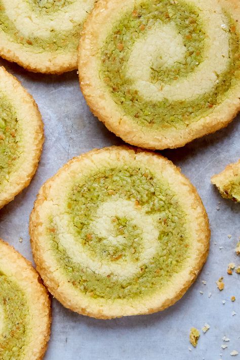 Nyt Cooking Christmas Cookies, Christmas Cookies Nyt, Pistachio Pinwheel Cookies, Pistachio Cut Out Cookies, Green Cookies Recipes, Fancy Baked Goods, Spiral Cookies, Pistachio Cookies Recipe, Pinwheels Recipe