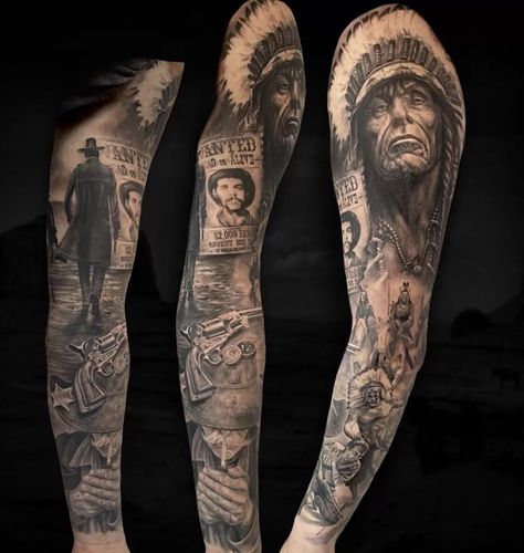 Realistic Western Tattoo, Cowboy And Indian Tattoo Sleeve, Realistic Cowboy Tattoo, Western Movie Tattoo, Western Outlaw Tattoo, Mexican Cowboy Tattoo, Apache Indian Tattoo, Outlaw Tattoos For Men, Western Tattoo Sleeve