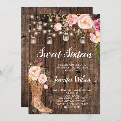 Sweet 16 Rustic Boho Floral String Lights Invitation #zazzle #weddinginvitations #birthdayinvitations #babyshowerinvitations #zazzleinvitations #monogram #businesscards #graduation #homedecor Country Sweet 16, Rustic Quinceanera, Barn Birthday Party, Sweet 16 Party Themes, Rustic Party Decor, Sweet 16 Party Decorations, Sweet 16 Themes, Boho Birthday Party, Rustic Birthday