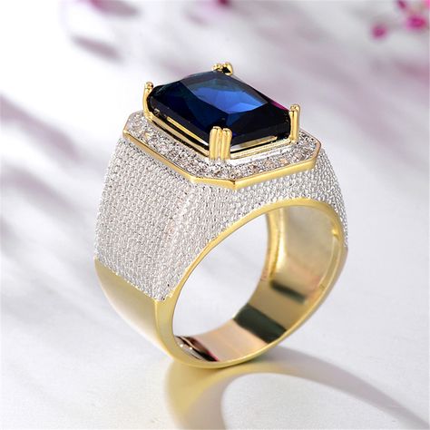 Blue crystal ring for men big black stone full simulated diamonds wedding engagement rings band Cubic Zirconia Wedding Rings, Stile Hip Hop, Ring Man, Retro Ring, Ringe Gold, Ring Men, 18k Gold Jewelry, Big Rings, Gem Ring