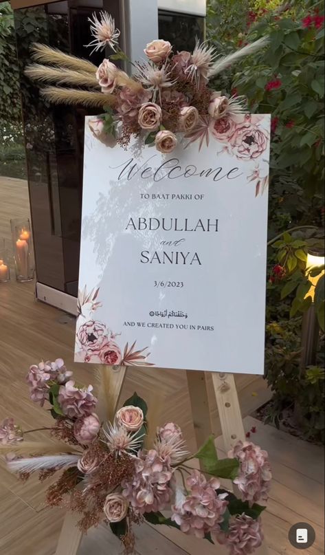 Nikkah Board Ideas, Nikkah Event Decor, Wedding Welcome Signs With Flowers, Nikah Welcome Board, Wedding Welcome Board Flowers, Nikkah Sign Boards, Nikkah Entrance Board, Nikkah Entrance Sign, Mosque Nikkah Decor