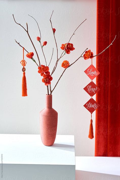 "Vietnamese Tet Decorations With Red Printed Word Lunar New Year" by Stocksy Contributor "Marc Tran" - Stocksy Vietnamese New Year Decorations, Lunar New Year Aesthetic, Lunar New Year Craft, Vietnamese Decor, Branches In Vase, Tet Vietnam, Decor Tet, Tet Decor, Lunar New Year Decoration