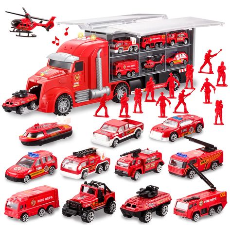 PRICES MAY VARY. SUPER VALUE. 12 Mini Fire Engine Truck Toy Set in Different Designs and Functions in One Carrier Truck. Including 12 fire men figure, Rescue Helicopter, Fire Ambulance, Fire Engine Vehicles, Lifting Fire Truck, Fire Pickup Truck, Fire Minivan, Fire Tanker, Armored Car, and so on. IDEAL For Kids Playing Construction Truck Games. Perfect size for toddlers. Great hand-eye coordination and early preschool education development. Perfect as birthday party favors, cake toppers, car sea Early Preschool, Baby Car Toy, Truck Games, Car Seat Toys, Toy Fire Trucks, Cool Kids Rooms, Play Vehicles, Truck Car, Birthday Gifts For Boys