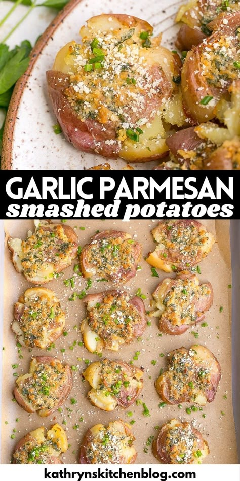 Garlic Parmesan Smashed Potatoes (Easy Side Dish) Recipes With Petite Potatoes, Smashed Potatoes Healthy, Smashed Potatoes Make Ahead, Red Skin Smash Potatoes, Best Smashed Baby Potatoes, Smash Potatoes Recipe Easy, Smashed Oven Potatoes, Crispy Garlic Butter Parmesan Smashed Potatoes, Smashed Red Potatoes Parmesan