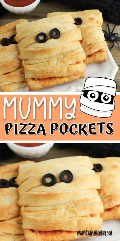 Cute Halloween Food, Mummy Pizza, Recipes Using Crescent Rolls, Easy Crescent Rolls, Cute Mummy, Halloween Appetizer, Best Halloween Party, Halloween Snack Mix, Halloween Appetizers Easy