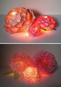 These look amazing - centerpieces, table decorations, or just set around the venue Paper Flower Lights, Paper Flower Centerpieces, Diy Lampe, Fleurs Diy, Folding Origami, Diy Papier, Flower Lights, Paper Flowers Diy, Kirigami