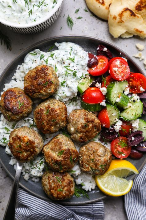 Greek Turkey Meatballs with Tzatziki Sauce - Kalefornia Kravings Turkey Meatball Mediterranean Bowl, Greek Turkey Meatballs With Spinach And Feta, Greek Turkey Meatballs With Tzatziki Sauce, Turkey Gyro Meatballs, Greek Bowls Ground Turkey, Turkey Meatball Salad, Lamb Meatballs Greek Tzatziki Sauce, Turkey Meatball Gyros, Hearty Mediterranean Meals