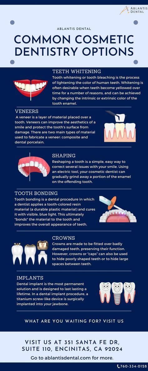 Common Cosmetic Dentistry Options Dental Assistant Study Guide, Dental Infographics, Dentistry Quotes, Good Teeth, Dental Assistant Study, Dental Implant Procedure, Dental Photography, Dental Technician, Teeth Bleaching