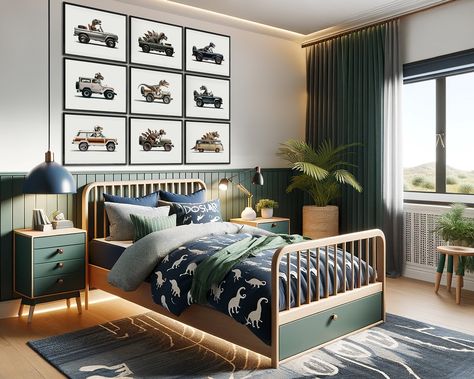 Pre Teen Boys Room, Boys Car Bedroom, Soft Room, Dino Nursery, Car Themed Bedrooms, Toddler Bed Boy, White Wood Paneling, Toddler Boy Room Decor, Dinosaur Bedroom