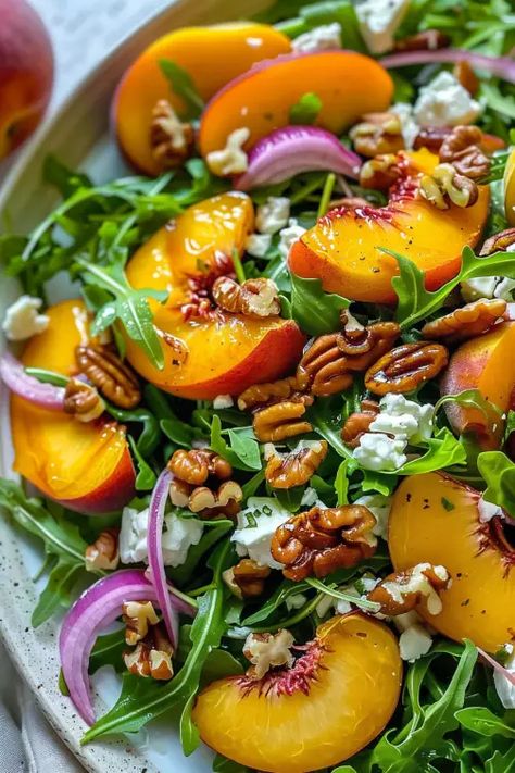 Peach Arugula Salad - That Oven Feelin Peach And Goat Cheese Salad, Peach And Goat Cheese, Peach Arugula Salad, Salad With Peaches, Candied Pecans For Salad, Peach Salad, Pasta Casserole, Goat Cheese Salad, Large Salad Bowl