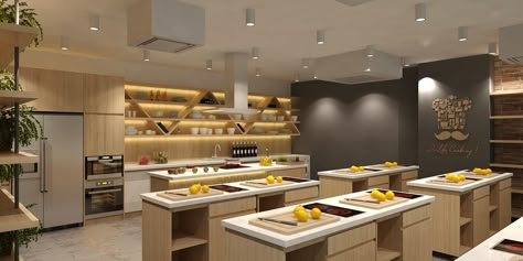 Cooking Class Kitchen Design, Cooking Studio Interior, Cooking Classroom Design, Teaching Kitchen Design, Culinary School Design, Cooking Class Aesthetic, Cooking School Interior, Cooking School Design, Cooking Classes Design