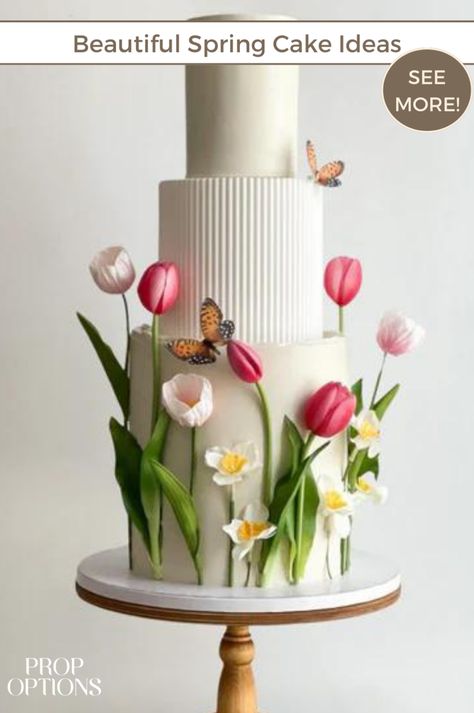 In this blog we show off fun spring cake ideas for all your spring cake decorating needs. Need wedding cakes & wedding cake designs ideas? We've got you covered with our best cake decorating tips for the perfect cake display, visit PropOptions.us for more. Tulip Birthday Cake, Cake Plinth, Cake Spacer, Daisy Wedding Cake, Easter Cake Designs, Cake Riser, Floral Cake Design, Floral Cakes, Spring Wedding Cake