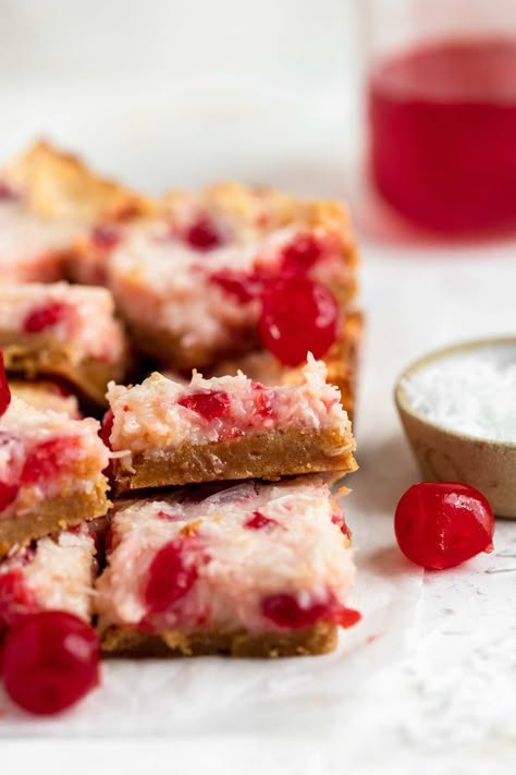 Cherry Coconut Bars Recipe - Dinner, then Dessert Cherry Dream Squares Recipe, Cherry Dream Squares, Maraschino Cherry Bars, Coconut Cherry Bar, Cherry Almond Cookie Bars, Cherry Almond Squares, Cherry Coconut Bars, Cherry Coconut Magic Bars, Fruit Bars Recipe