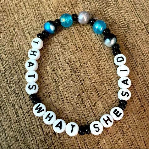 The Office Bracelet That’s What She Said Handmade New Without Tags Always Open To Bundles And Offers! The Office Bracelets, Words For Beaded Bracelets, Fnaf Bead Bracelets, Funny Words For Bracelets, Funny Pony Bead Bracelets, Billie Eilish Inspired Bracelet, Movie Inspired Bracelets, Bracelet Phrases, Cute Bracelets To Make With Beads